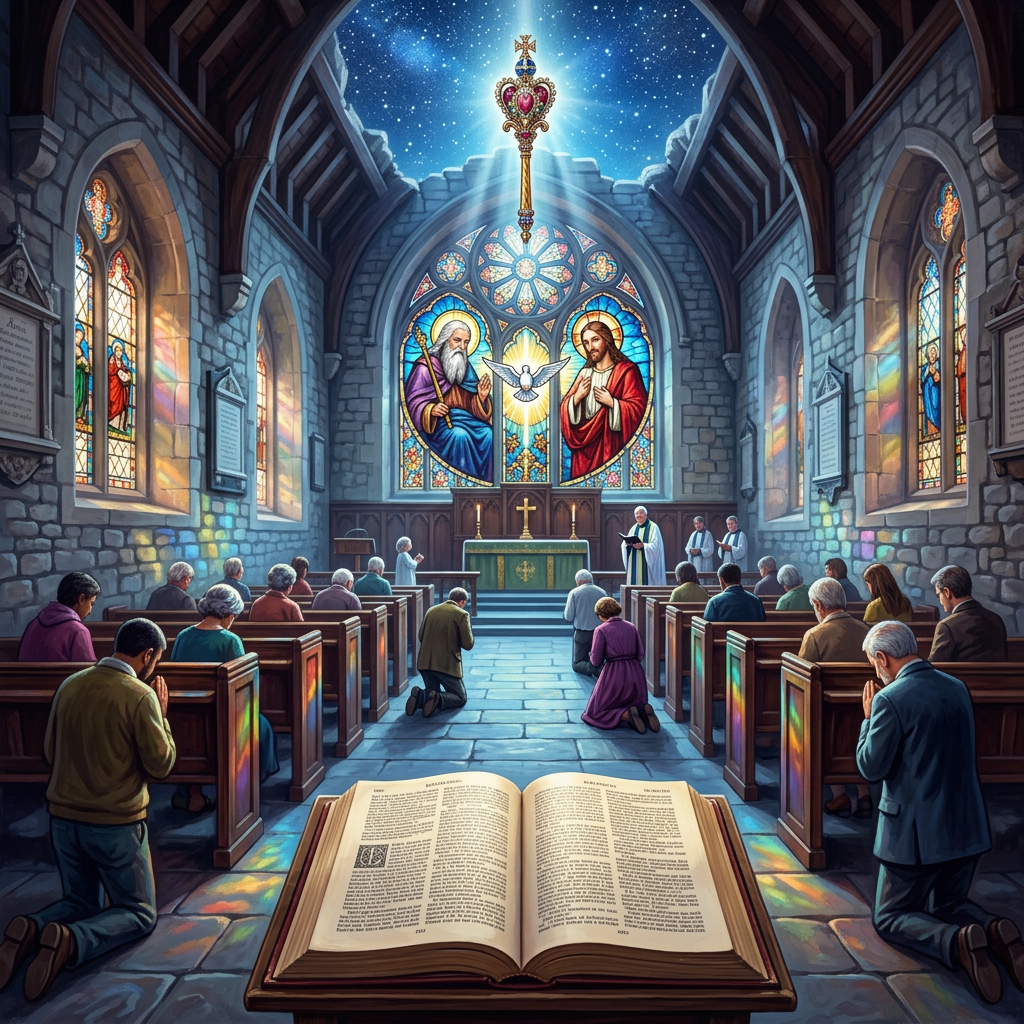 Aktuelles Bild: Congregation kneeling and praying in a stone church with stained glass windows and an open Bible