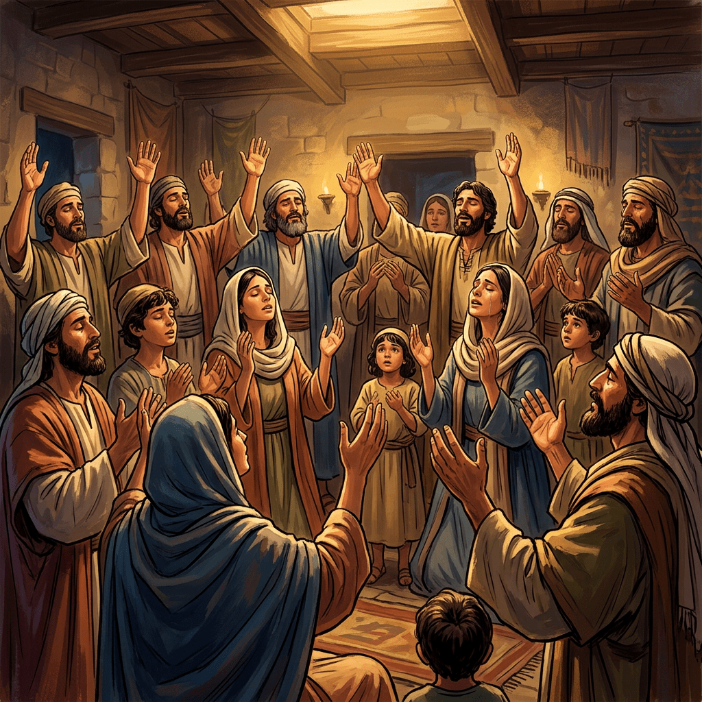 Aktuelles Bild: Group of men, women, and children with raised hands praying in a stone room