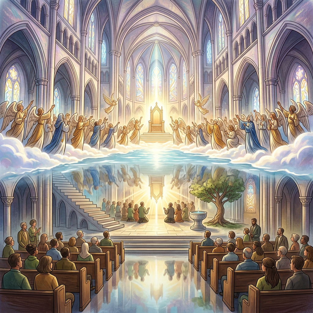 Aktuelles Bild: Angels and people in a cathedral worshiping a glowing throne surrounded by light and stained glass windows