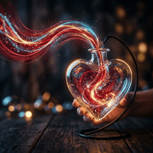 Heart-shaped glass flask with glowing swirling light inside and extending from its opening