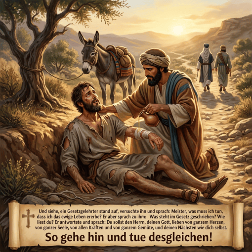 Und siehe, ein Gesetzeslehrer stand auf, versuchte ihn und sprach: Meister, was muss ich tun, dass ich das ewige Leben ererbe? Er aber sprach zu ihm: Was steht im Gesetz geschrieben? Wie liest du? Er antwortete und sprach: Du sollst den Herrn, deinen Gott, lieben von ganzem Herzen, von ganzer Seele, von allen Kräften und von ganzem Gemüte, und deinen Nächsten wie dich selbst. So gehe hin und tue desgleichen!