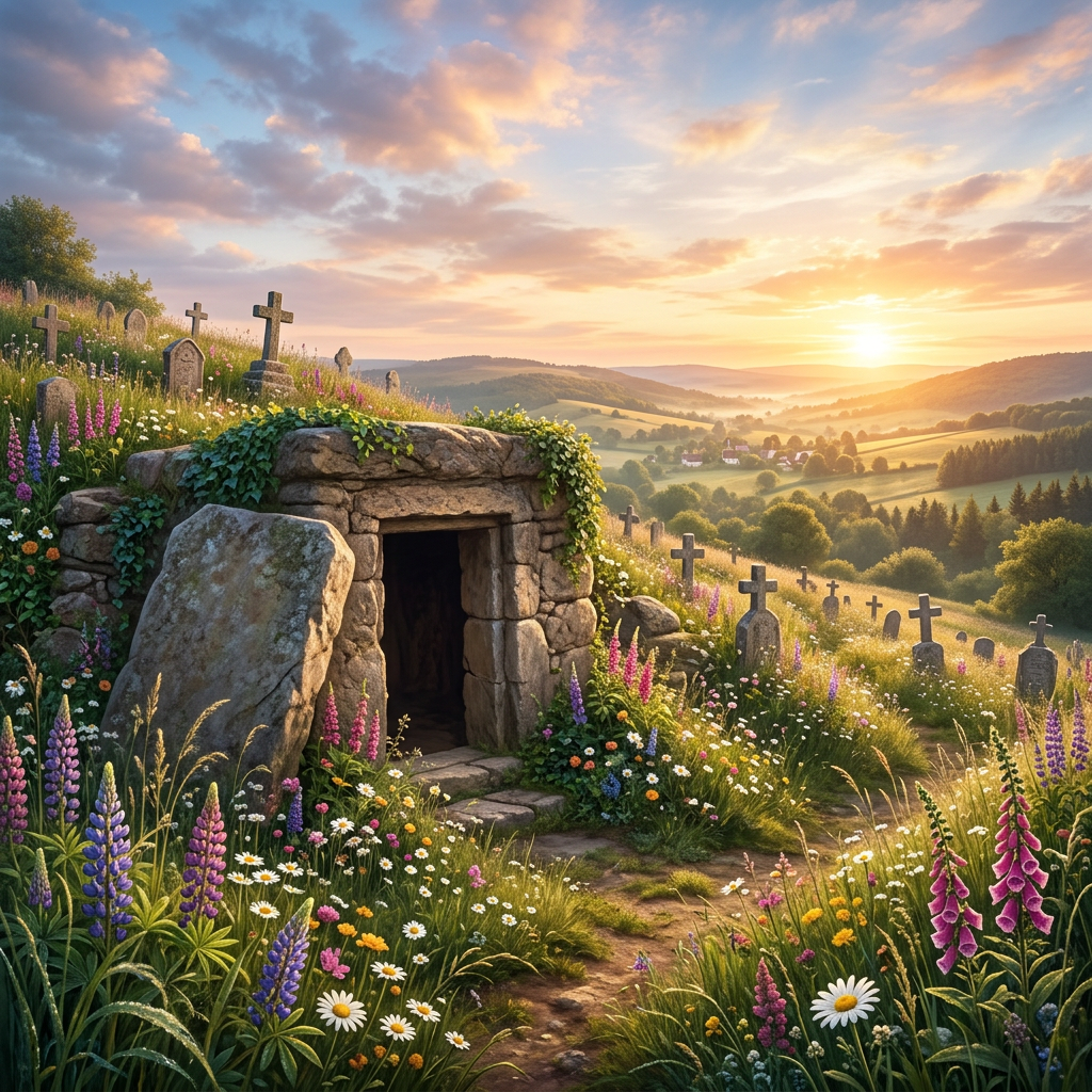 Aktuelles Bild: Wildflower-covered cemetery with stone tomb and crosses at sunset